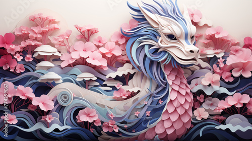 Sakura dragon paper art 3d rendering image. Delicate pink blossoms mythical creature background wallpaper colorful realistic. Japanese tradition concept idea, backdrop horizontal