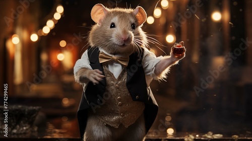 Rat in formal wear joyfully raises tiny glass character anthropomorphic. Mouse celebrating in lit banquet hall whimsical animal portrait humanlike. Anthropomorphism concept photography