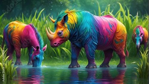 a rainbow of a rhinoceros, elephant, animal, isolated, mammal, wildlife, wild, rhinoceros, nature, rhino, zoo, safari, trunk, white, big, large, walking, pachyderm, illustration, gray, baby, india
