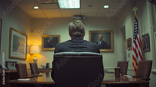 Government Bureaucrat Man Alone in Office at Empty Meeting Table with American Flag