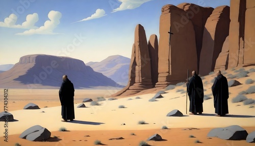  Five robed figures, possibly monks, standing around a cross with a crucified figure, in a desert-like setting with sparse rocks on the ground