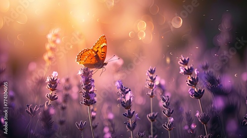 A small copper butterfly hovering over a field of lavender, under the soft light of the afternoon sun.