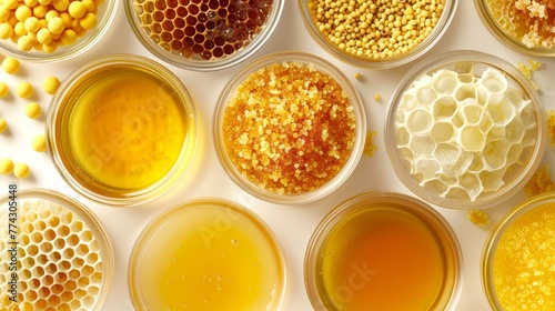 Assorted apiculture products. White backdrop. Variety of honey, pollen grains, and beeswax. Concept of Beekeeping, organic health food, bee farming, and nutritional supplements.