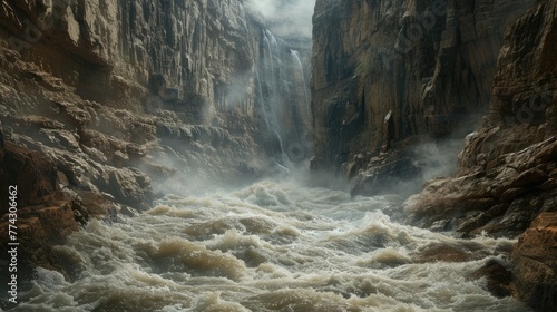 Flash flooding in a canyon, with turbulent waters rushing between narrow rock walls.