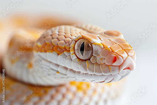 Orange and white snake coiled. shot against a white background. 