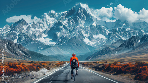 A lone cyclist descending a high alpine road, the rush of wind evident in the motion blur of the foreground, with majestic mountains rising in the distance