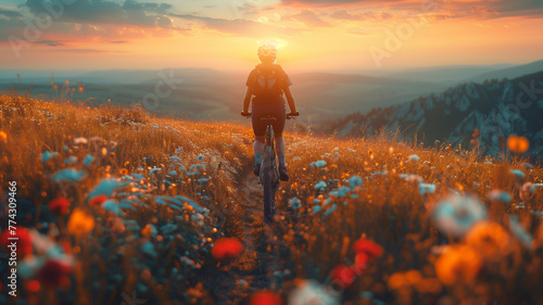 An early evening ride, a cyclist's figure highlighted by the golden sun dipping below the horizon, surrounded by the serene wilderness