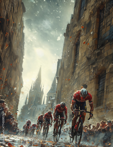 The lead cyclist breaking away on a misty cobblestone road, the relentless pursuit of the pack evident in their poised figures, as a captivated audience watches on