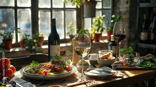 Served table with italian food - seafood pasta, salad and wine with window light