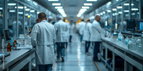 Hospital staff in scrubs and uniforms walk through a modern healthcare facility's corridors.