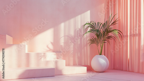Interior em tons de pêssego pastel, apresentando uma escadinha minimalista e um vaso com uma palmeira verde