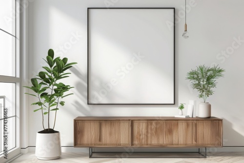 blank poster frame mockup on white wall living room with wooden sideboard with small green plant against white wall, Scandinavian, vintage, cupboard, 