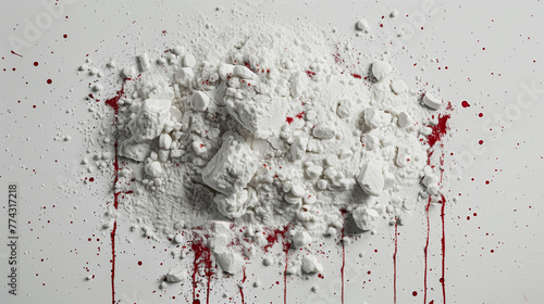 Pile of blood stained cocaine or white powdered drugs on a white surface