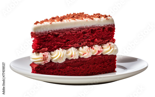 A slice of rich, moist red velvet cake rests elegantly on a delicate plate