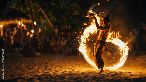 A person performing a dance with fire at a beach party, flames billowing around, enthusiastic onlookers in the background, skill and excitement in controlling the elements
