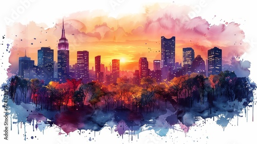 Watercolor Skyline on White Background Generative AI