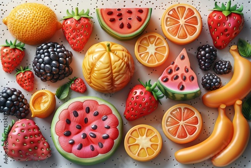 Strawberries, watermelon, lemon, orange, and banana icons with shadows. Plasticine art illustration.
