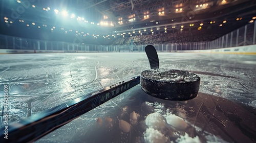 ice hockey stick sticks on the ice in front of camera. AI generated illustration