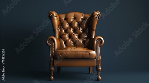 Elegant brown leather armchair on a dark background. Classic furniture for sophisticated interior design. Timeless style for home decor. AI