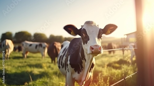 Cow Farmer and Worker Surveying Cattle on Lush Grass Field for Meat Industry Generative AI