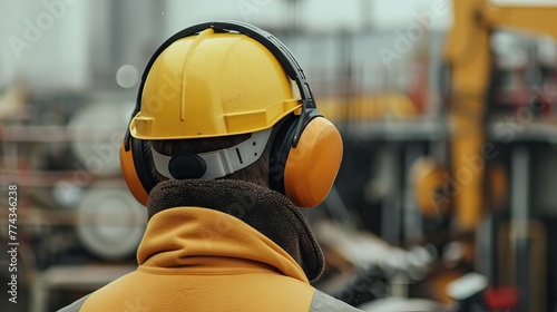 Construction worker wearing side impact rope access safety white helmet attached with yellow noise disruptive earmuffs protection while inspecting working. AI generated illustration
