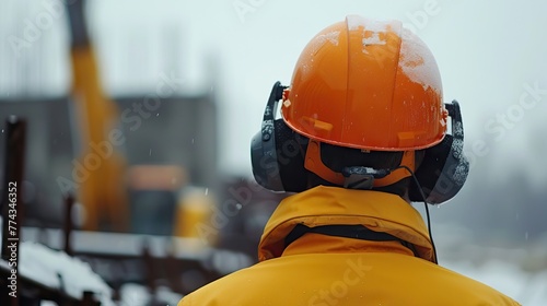 Construction worker wearing side impact rope access safety white helmet attached with yellow noise disruptive earmuffs protection while inspecting working. AI generated illustration
