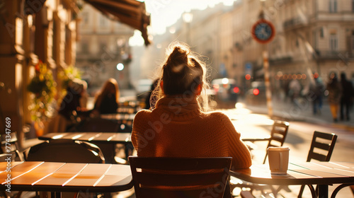 A man sits on the terrace of a café in the warm afternoon sun, watching the city go by