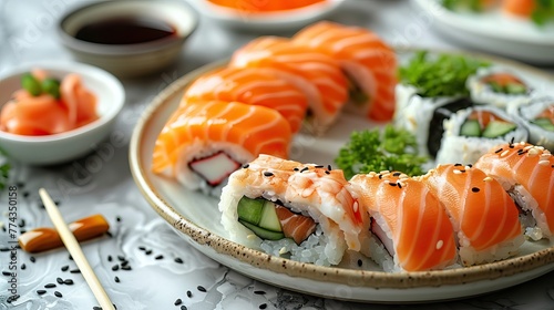 Japanese sushi and rolls on a light stone background. Banner, menu, food advertising.