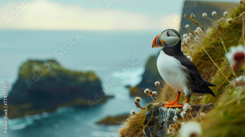 Puffin on the cliff, ocean on the background