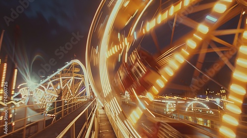 FastMoving Ferris Wheel Cinematic shots of a Ferris wheel in motion freezing the rapid rotation of brightly lit gondolas as they ascend and desc AI generated illustration