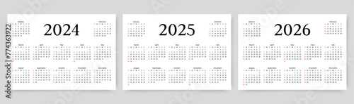 2024, 2025, 2026 calendars. Template grid planner with 12 month. Vector illustration.