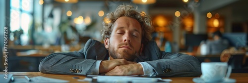 Overworked executive falls asleep in formal attire at office desk under bright lights.