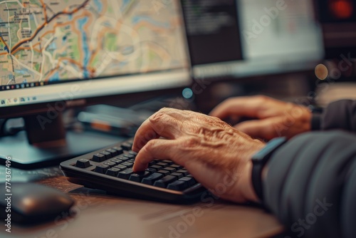 Logistics Planner Analyzing Maps on Computer Screens