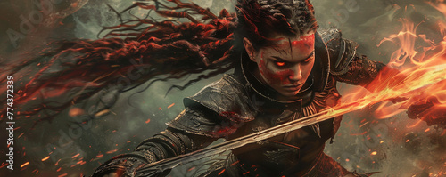 Half body shot of a female Thiefling with a dark fantasy vibe featuring black and red tribal hair devil tail in leather armor and brandishing a flaming sword