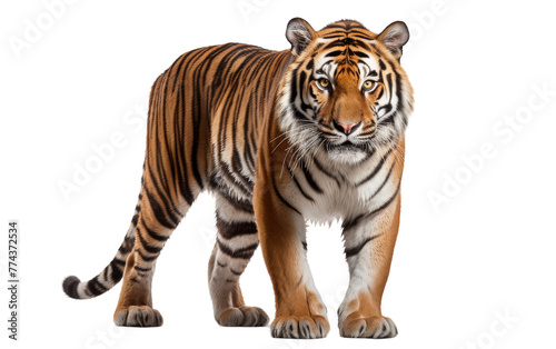 A powerful tiger prowls across a pristine white background