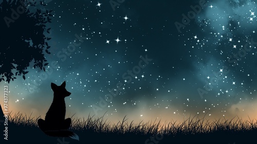 fox siting in the grass at summer night and looking at night sky stars. 
