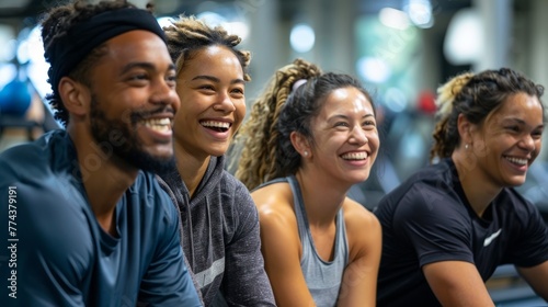 Diverse Group Enjoying a Laughter Break on Gym Steps Generative AI