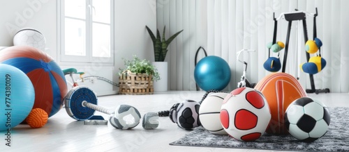 various kinds of sports balls in light room