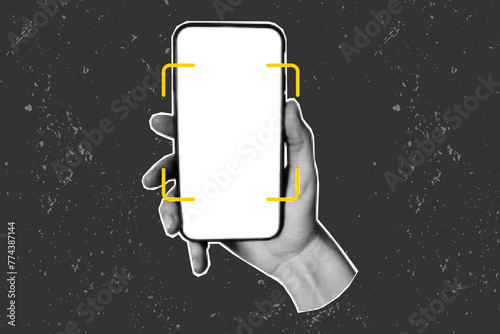 retro halftone collage of a hand with a phone. Scrolling, social networks, vector image on a textured grunge gritty background. Place for QR code and yellow frame, scan.