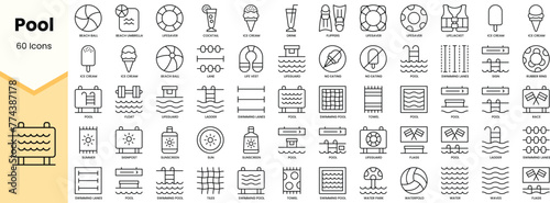 Set of pool icons. Simple line art style icons pack. Vector illustration