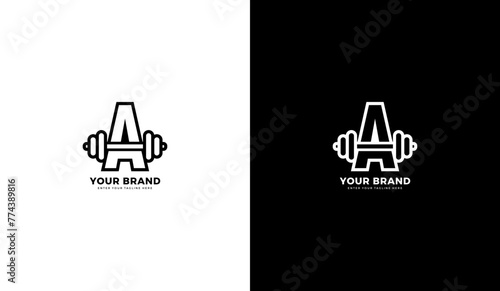Barbell logo letter a. Barbell icon, letter A, gym and fitness. Vector illustration