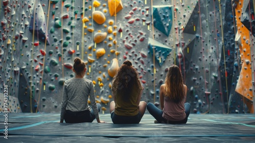 Friends Gathered on the Mat at an Indoor Rock Climbing Gym Generative AI