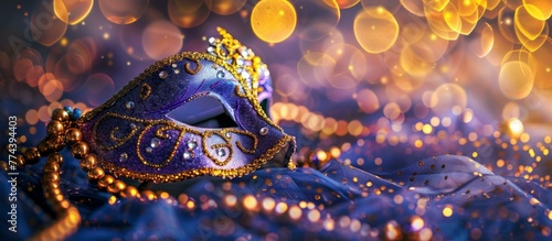 A purple mask on a purple background with gold beads. Generative AI.