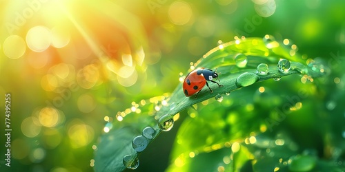 Drops of morning dew and ladybug on young juicy fresh green leaves glow in sunlight in nature closeup Spring summer natural background with water drops