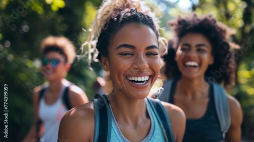 Laughing Woman and Friends Enjoying a Post-Gym Stroll Generative AI