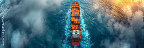 Container ship traveling across the ocean to deliver goods worldwide, maritime freight transport.