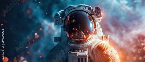 Astronaut in space with Earth's horizon backdrop, reflecting exploration and cosmic discovery Spacewalk serenity, astronaut adrift against a fiery orbital sunrise, symbolizing human spacefligh