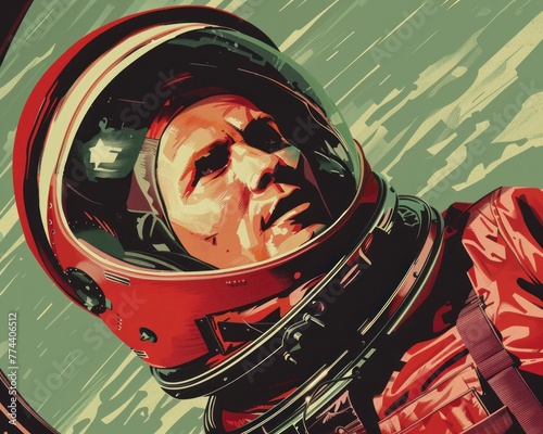 Illustration of Yuri Gagarin in orbit styled like a 1960s comic book