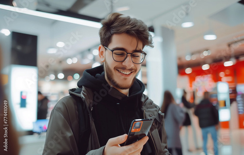 Happy young man shopping for a new smartphone in an electronics store, smiling while sitting at a counter near a shelf with digital products. man wearing glasses inside a modern shop interior