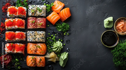Set of sushi and rolls on a dark stone background. Food advertising. Banner, menu.
